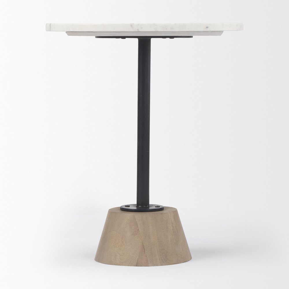 24" White Black and Natural Marble Iron and Solid Wood Round Pedestal End Table HomeRoots
