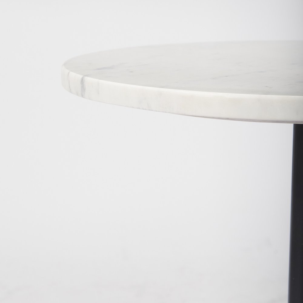 24" White Black and Natural Marble Iron and Solid Wood Round Pedestal End Table HomeRoots
