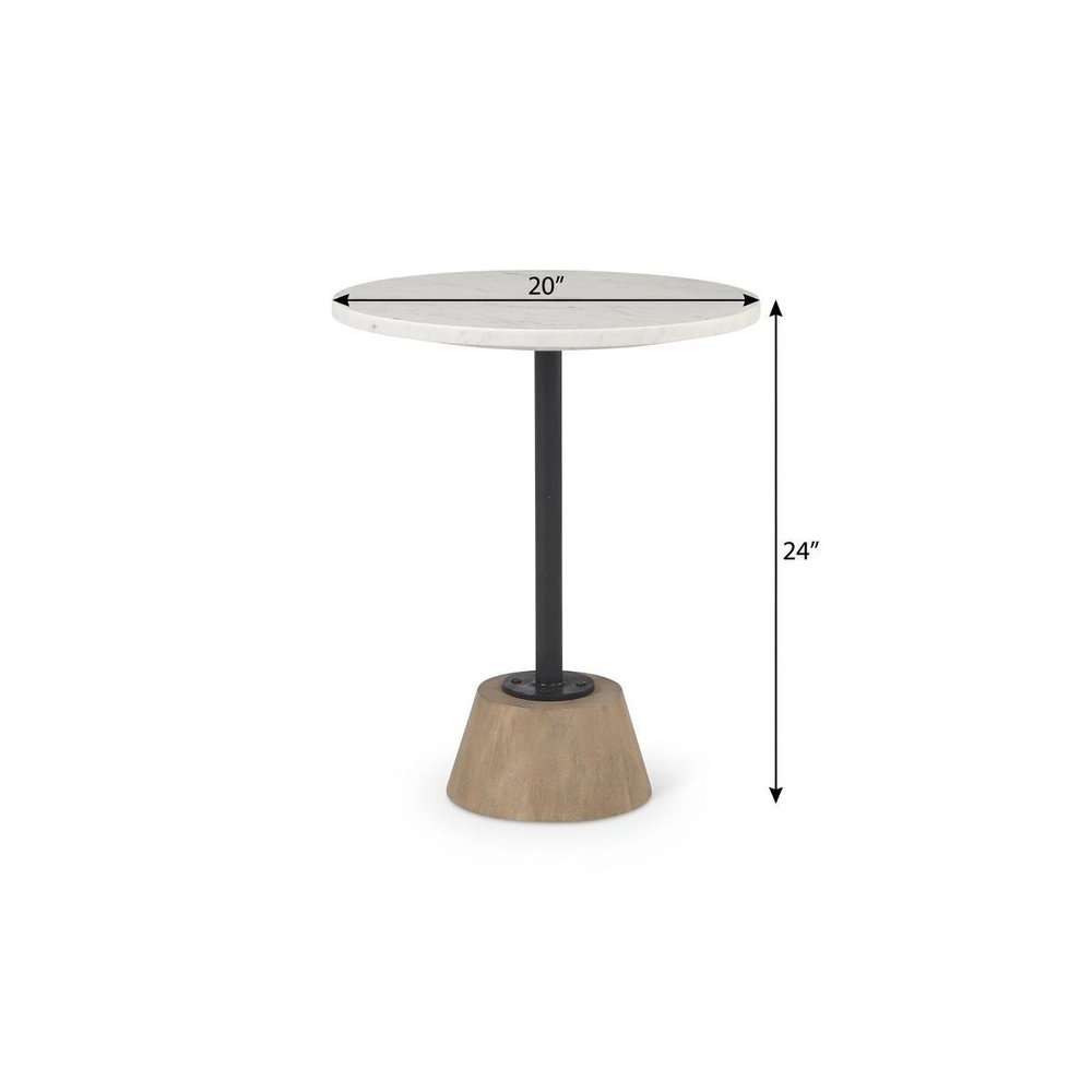 24" White Black and Natural Marble Iron and Solid Wood Round Pedestal End Table
