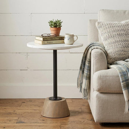 24" White Black and Natural Marble Iron and Solid Wood Round Pedestal End Table