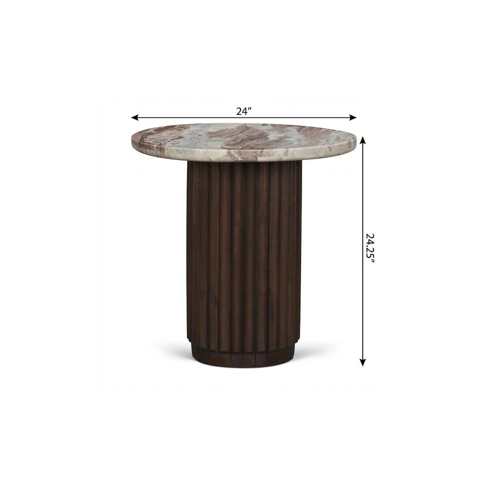 24" Pink and Espresso Marble and Solid Wood Round Pedestal End Table — view 8