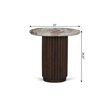 24" Pink and Espresso Marble and Solid Wood Round Pedestal End Table