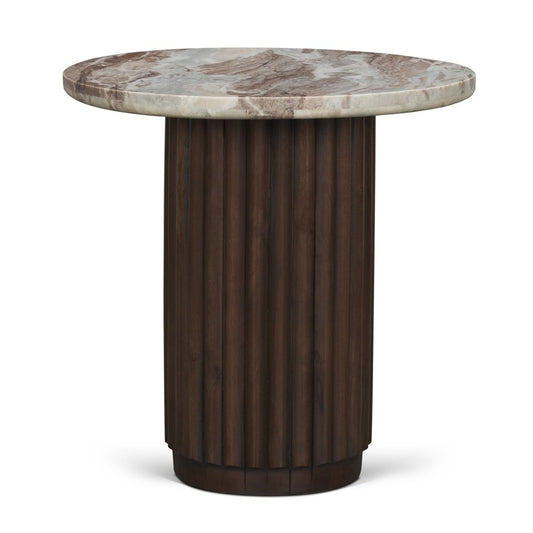 24" Pink and Espresso Marble and Solid Wood Round Pedestal End Table