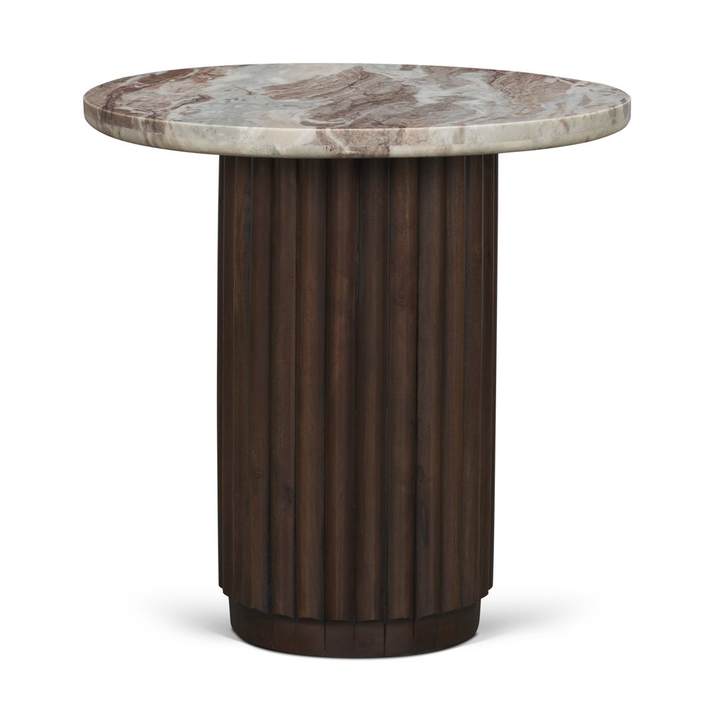 24" Pink and Espresso Marble and Solid Wood Round Pedestal End Table