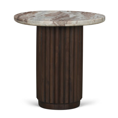 24" Pink and Espresso Marble and Solid Wood Round Pedestal End Table