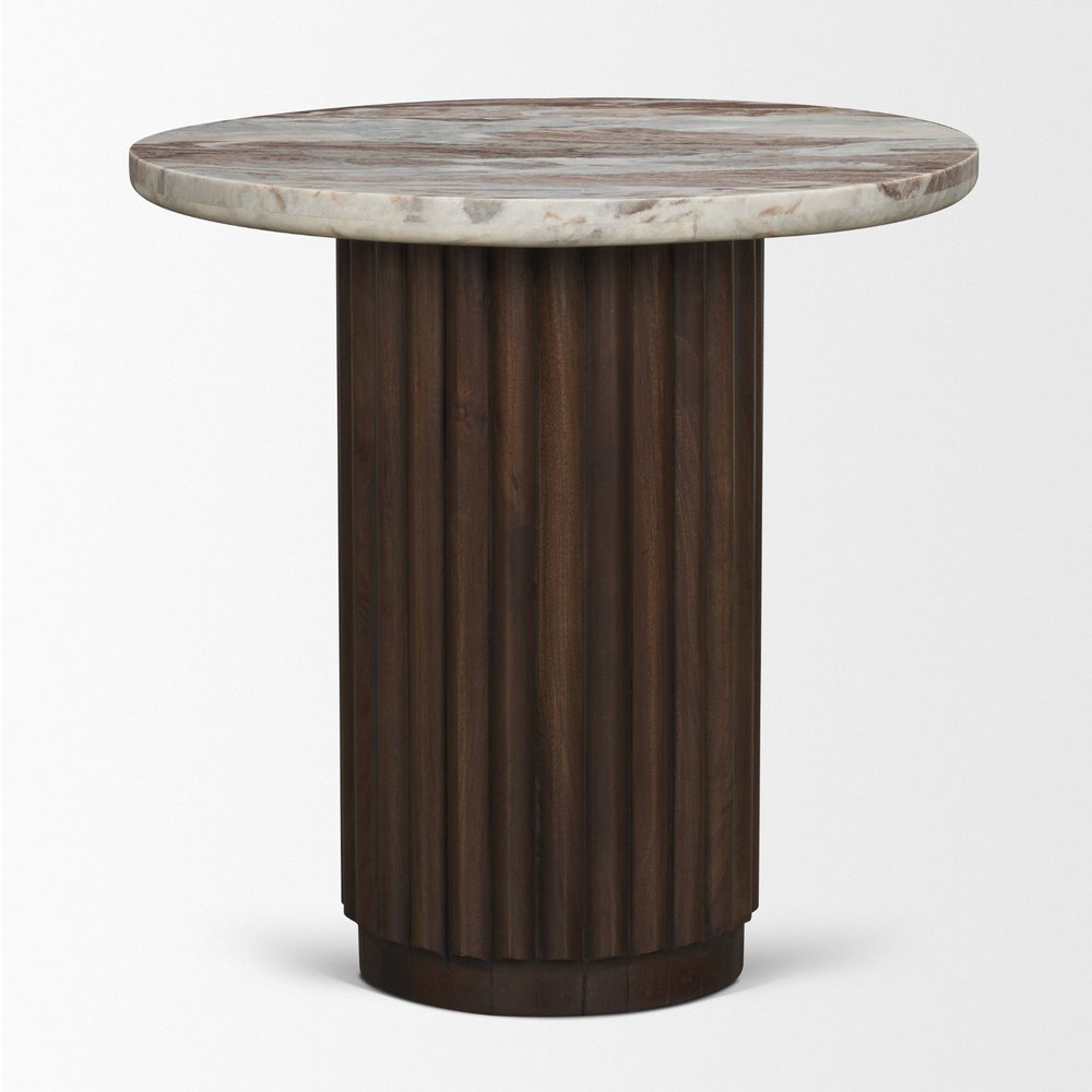 24" Pink and Espresso Marble and Solid Wood Round Pedestal End Table HomeRoots