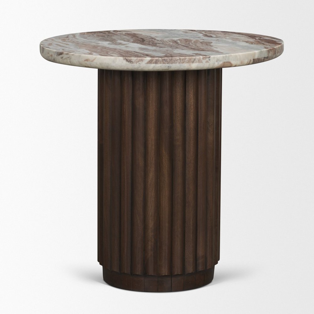 24" Pink and Espresso Marble and Solid Wood Round Pedestal End Table HomeRoots