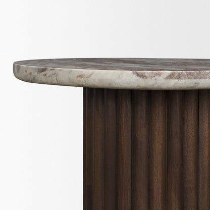 24" Pink and Espresso Marble and Solid Wood Round Pedestal End Table