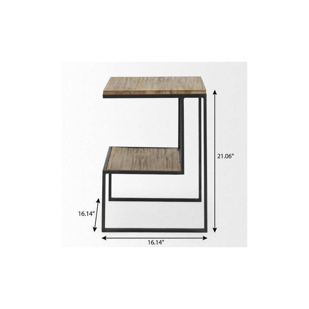 21" Light Brown and Black Solid Wood and Iron Square Sled End Table With Shelf — view 10