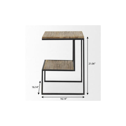 21" Light Brown and Black Solid Wood and Iron Square Sled End Table With Shelf