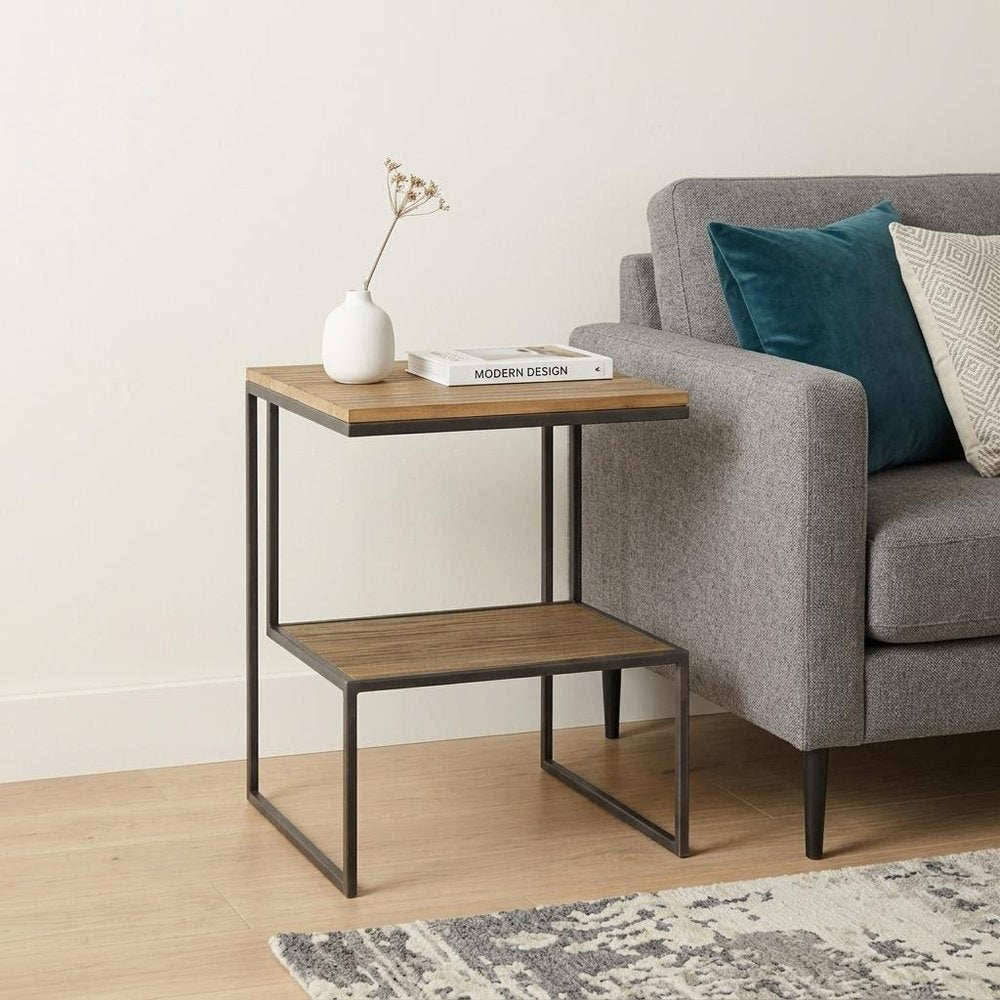 21" Light Brown and Black Solid Wood and Iron Square Sled End Table With Shelf HomeRoots