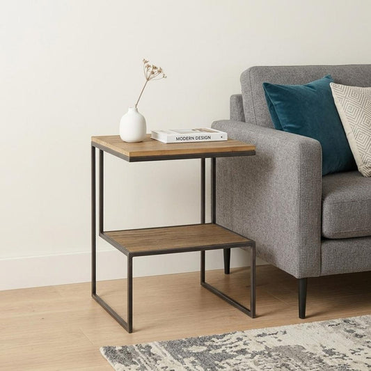 21" Light Brown and Black Solid Wood and Iron Square Sled End Table With Shelf HomeRoots