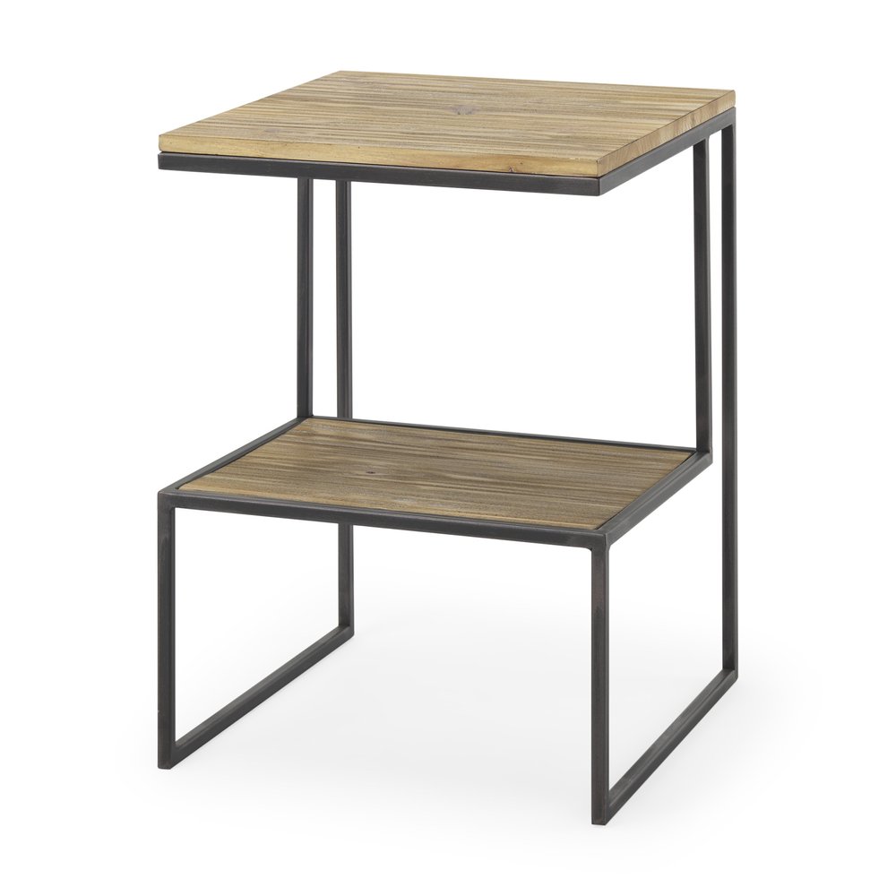 21" Light Brown and Black Solid Wood and Iron Square Sled End Table With Shelf — view 5