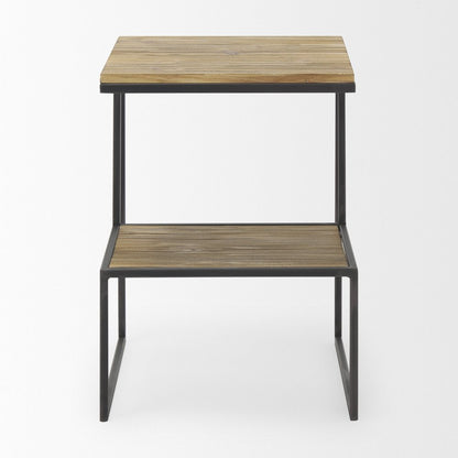 21" Light Brown and Black Solid Wood and Iron Square Sled End Table With Shelf