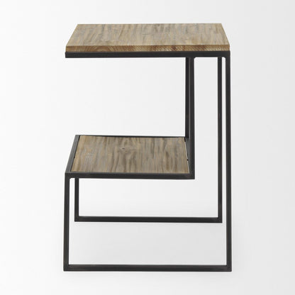 21" Light Brown and Black Solid Wood and Iron Square Sled End Table With Shelf HomeRoots