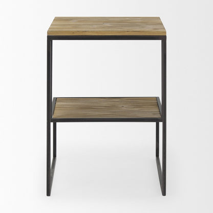 21" Light Brown and Black Solid Wood and Iron Square Sled End Table With Shelf HomeRoots