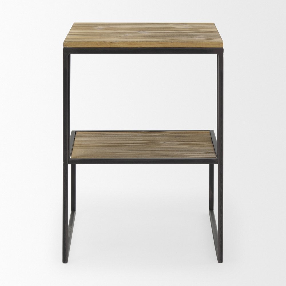 21" Light Brown and Black Solid Wood and Iron Square Sled End Table With Shelf — view 4