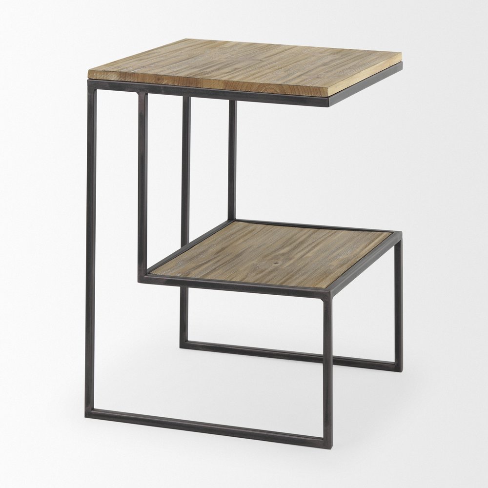 21" Light Brown and Black Solid Wood and Iron Square Sled End Table With Shelf HomeRoots