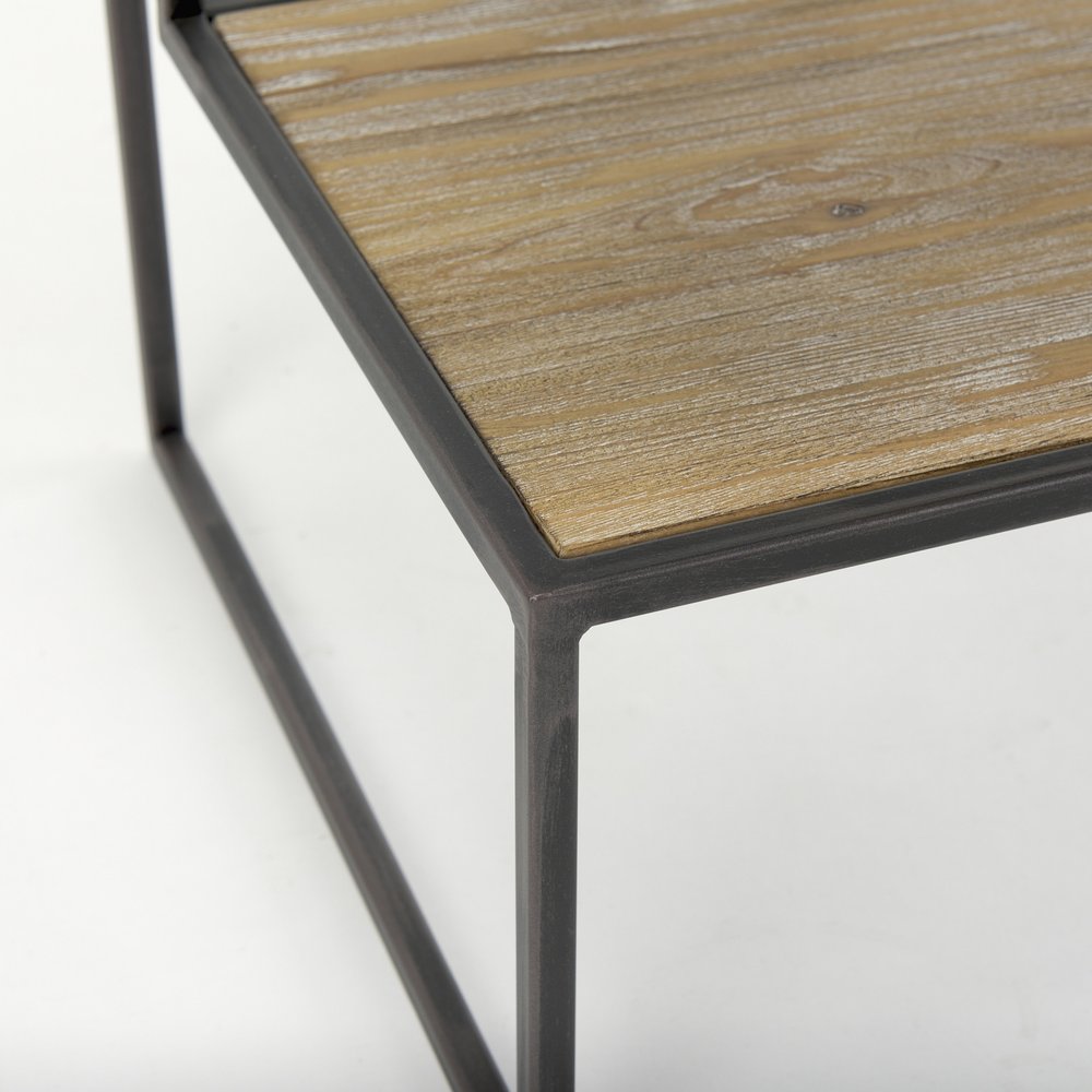 21" Light Brown and Black Solid Wood and Iron Square Sled End Table With Shelf — view 6