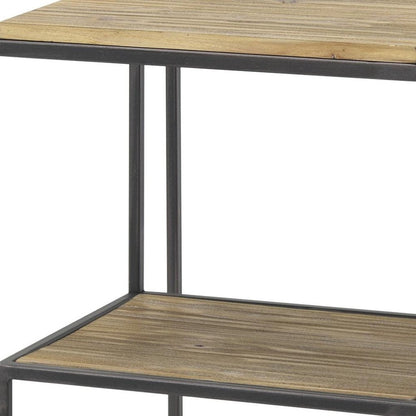 21" Light Brown and Black Solid Wood and Iron Square Sled End Table With Shelf HomeRoots