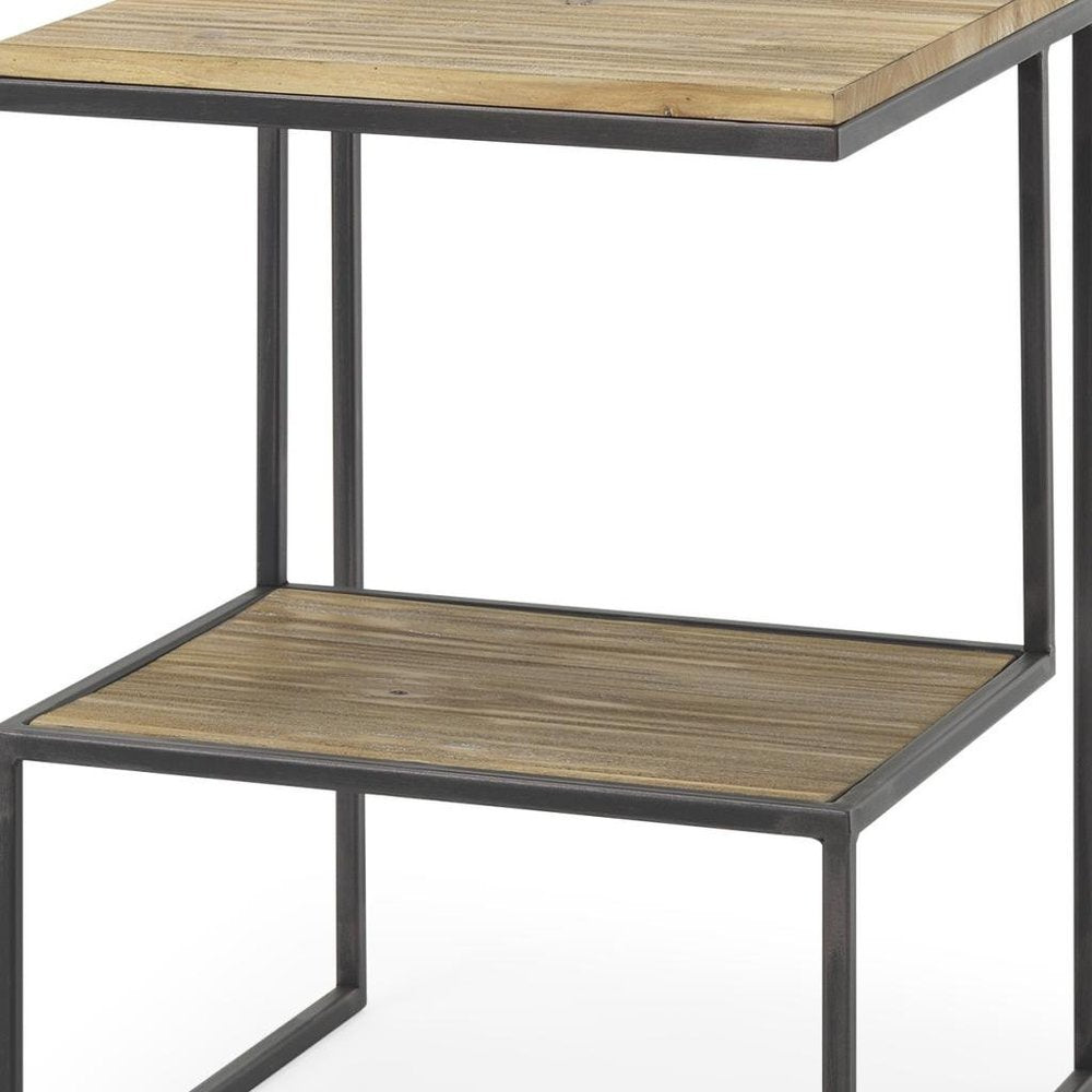 21" Light Brown and Black Solid Wood and Iron Square Sled End Table With Shelf — view 7