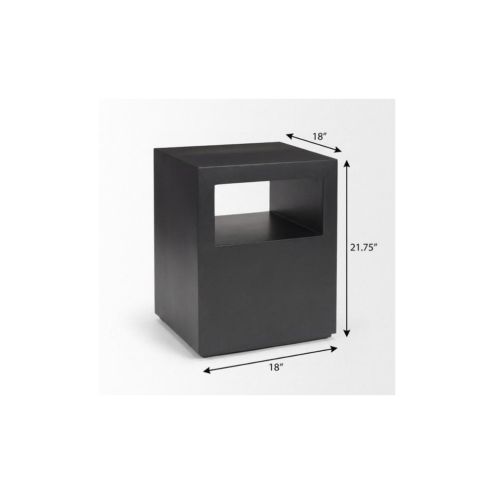 22" Black Iron Square Block End Table With Two Shelves