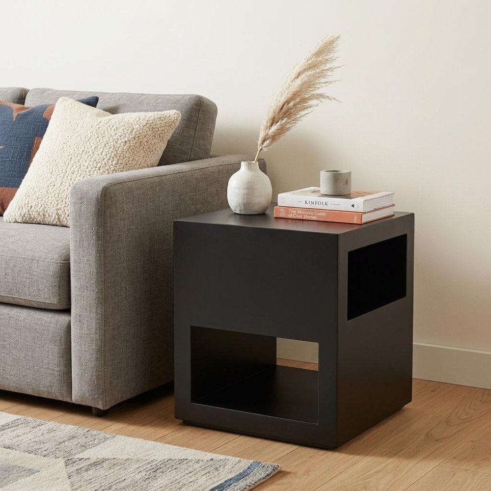 22" Black Iron Square Block End Table With Two Shelves HomeRoots