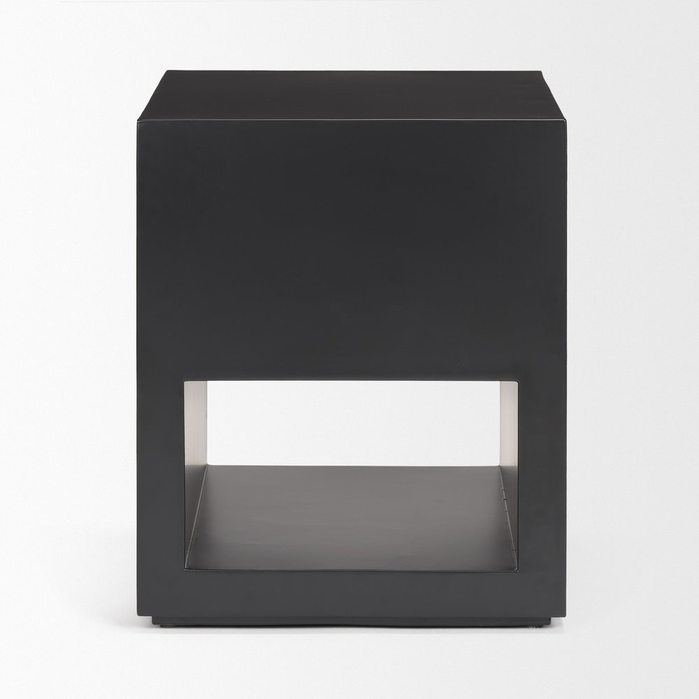 22" Black Iron Square Block End Table With Two Shelves
