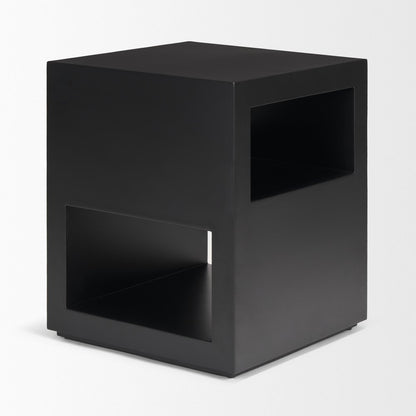 22" Black Iron Square Block End Table With Two Shelves