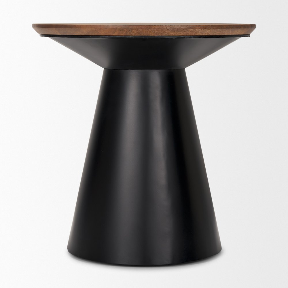 23" Brown and Black Solid Wood and Iron Round Pedestal End Table — view 2