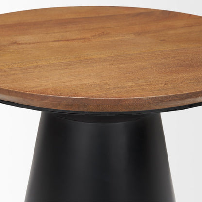 23" Brown and Black Solid Wood and Iron Round Pedestal End Table