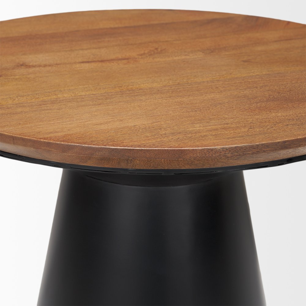 23" Brown and Black Solid Wood and Iron Round Pedestal End Table HomeRoots