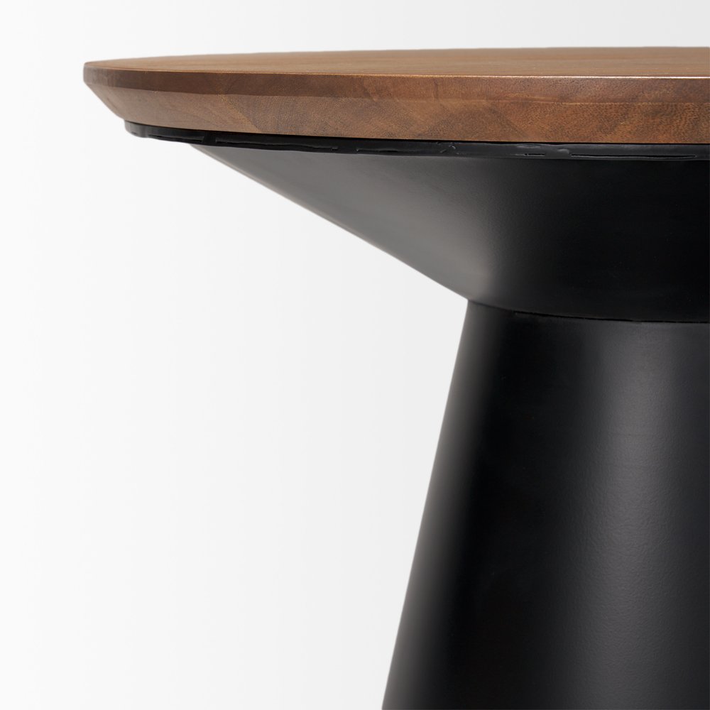 23" Brown and Black Solid Wood and Iron Round Pedestal End Table — view 4