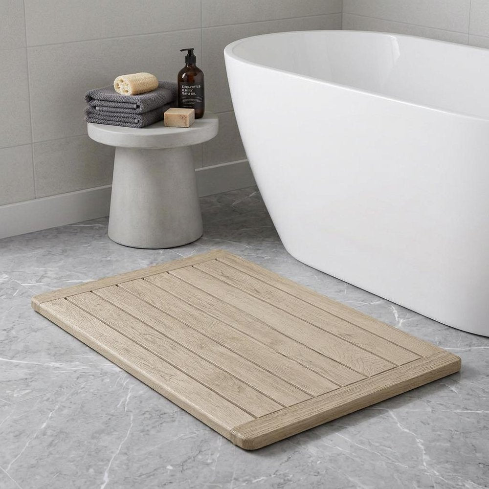 16" Beige Gray Teak Non Slip Bath Mat HomeRoots