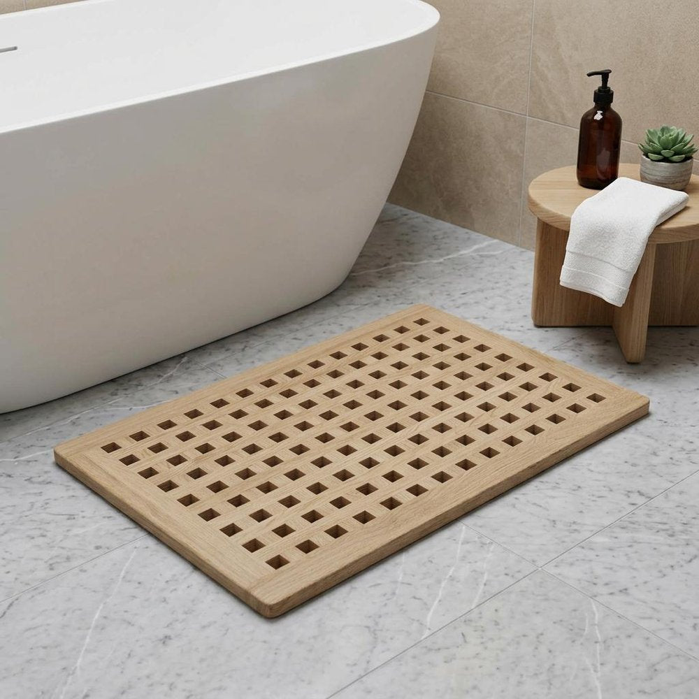 16" Beige Gray Teak Checkered Non Slip Bath Mat HomeRoots