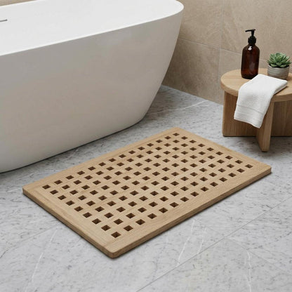 16" Beige Gray Teak Checkered Non Slip Bath Mat HomeRoots