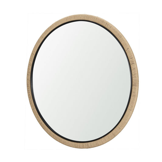 42" Black And Natural Jute And Wood Round Framed Accent Mirror