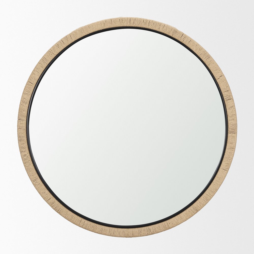 42" Black And Natural Jute And Wood Round Framed Accent Mirror — view 2