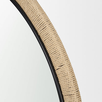 42" Black And Natural Jute And Wood Round Framed Accent Mirror HomeRoots