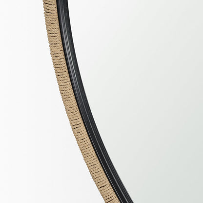 42" Black And Natural Jute And Wood Round Framed Accent Mirror HomeRoots