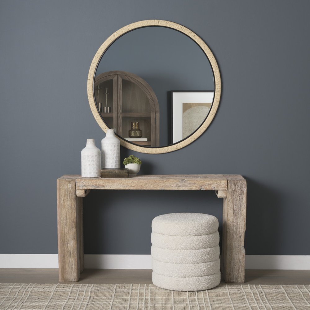 42" Black And Natural Jute And Wood Round Framed Accent Mirror HomeRoots