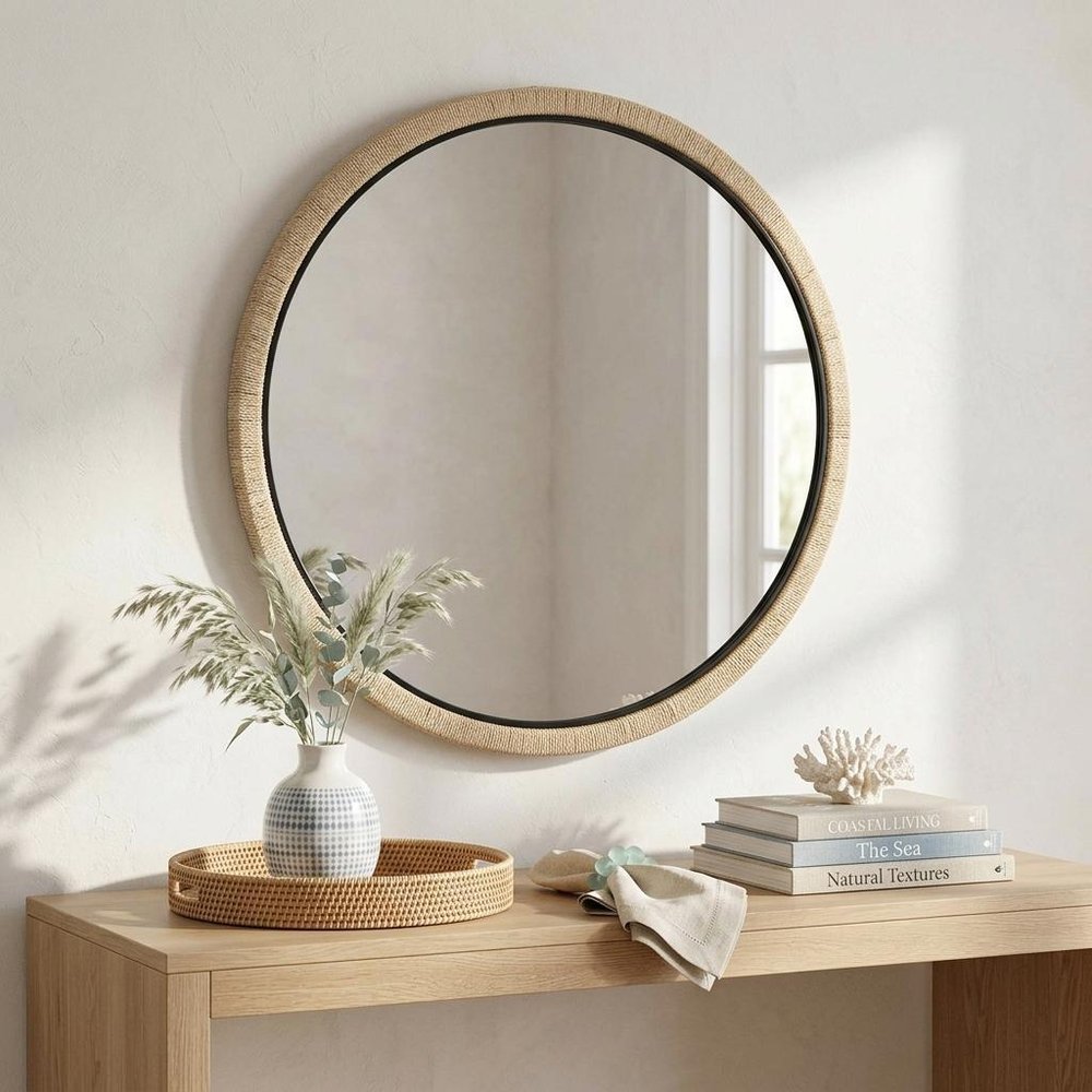 42" Black And Natural Jute And Wood Round Framed Accent Mirror HomeRoots
