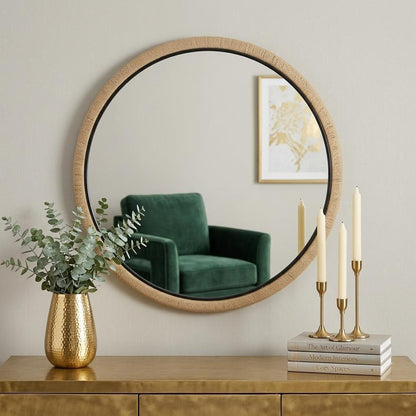 42" Black And Natural Jute And Wood Round Framed Accent Mirror HomeRoots