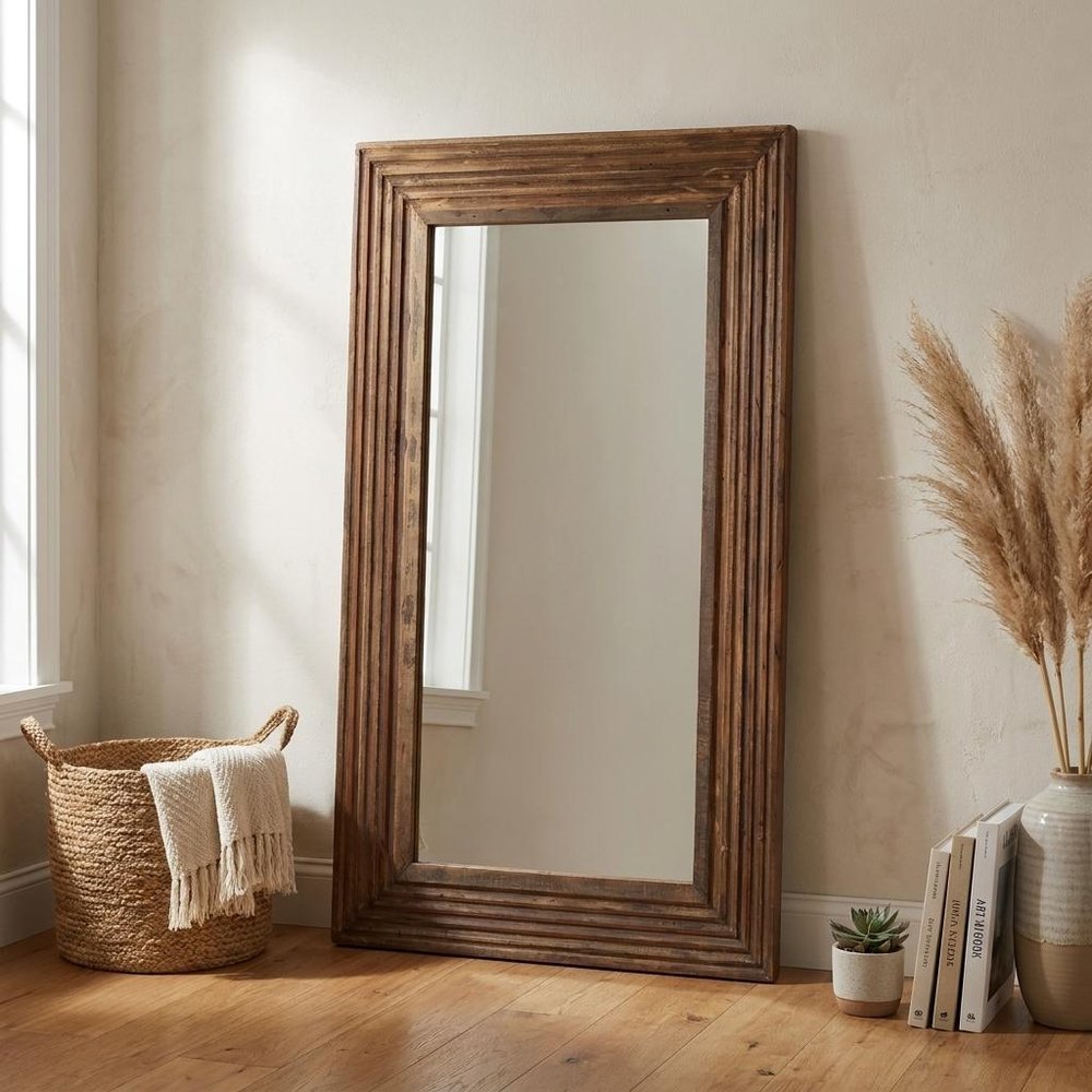 48" Brown Ribbed Solid Wood Wall Mounted And Leaning Framed Accent Mirror — view 9