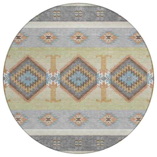 8' Gray And Green Round Southwestern Washable Indoor Outdoor Area Rug HomeRoots
