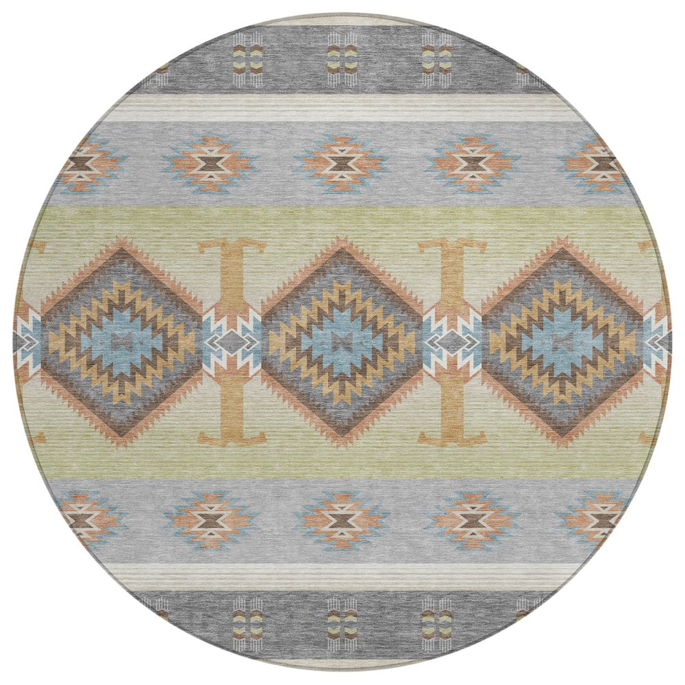 8' Gray And Green Round Southwestern Washable Indoor Outdoor Area Rug HomeRoots