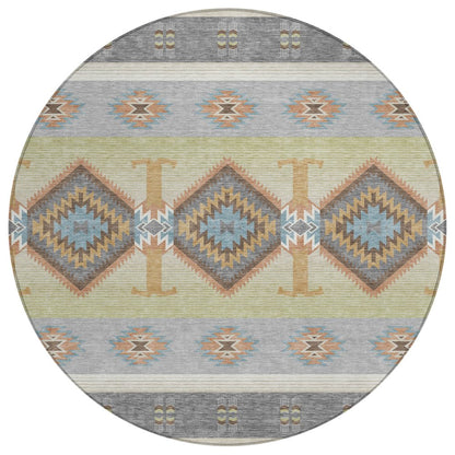 8' Gray And Green Round Southwestern Washable Indoor Outdoor Area Rug HomeRoots