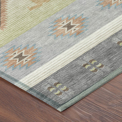 8' Gray And Green Round Southwestern Washable Indoor Outdoor Area Rug HomeRoots