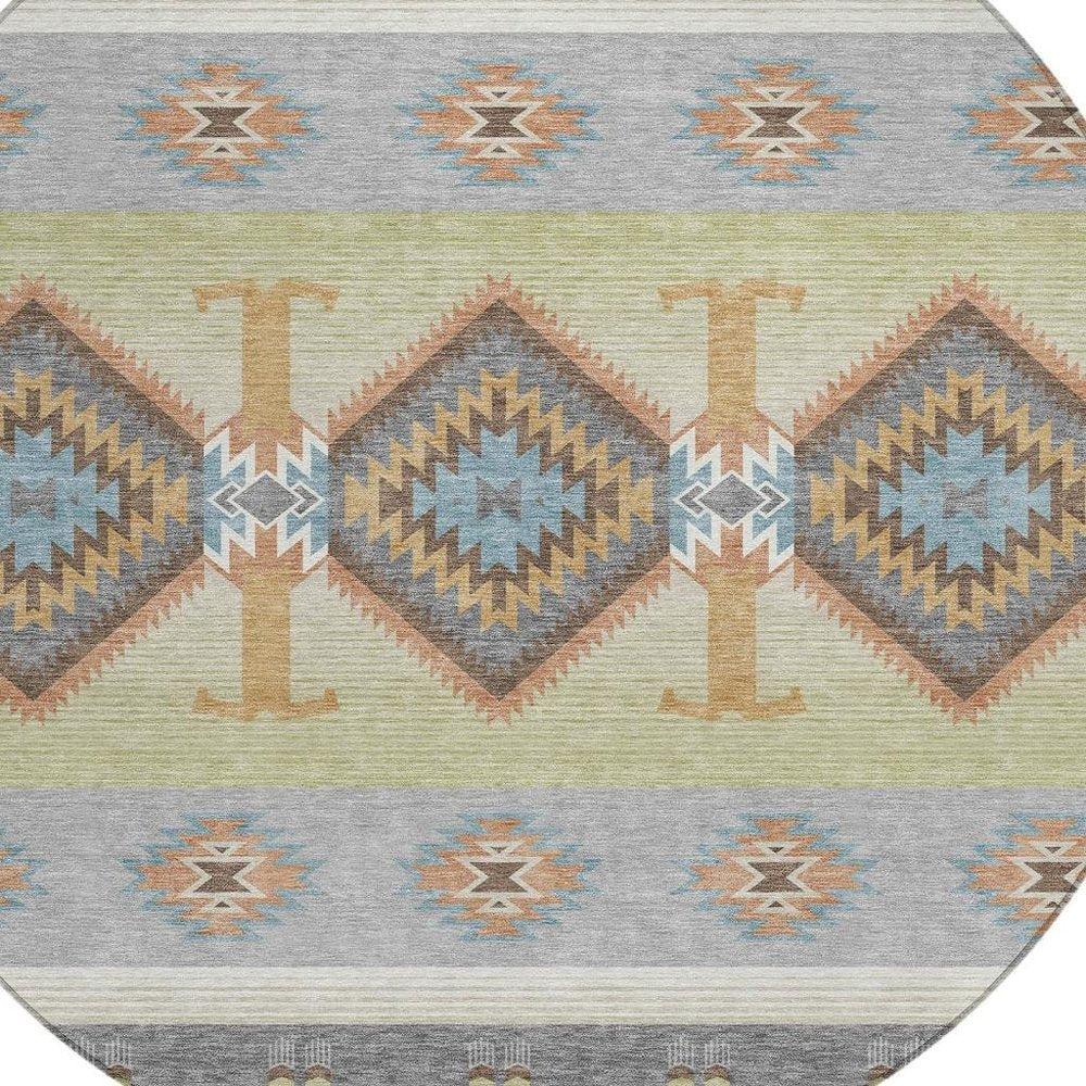 8' Gray And Green Round Southwestern Washable Indoor Outdoor Area Rug HomeRoots