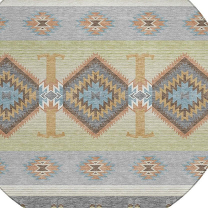 8' Gray And Green Round Southwestern Washable Indoor Outdoor Area Rug HomeRoots